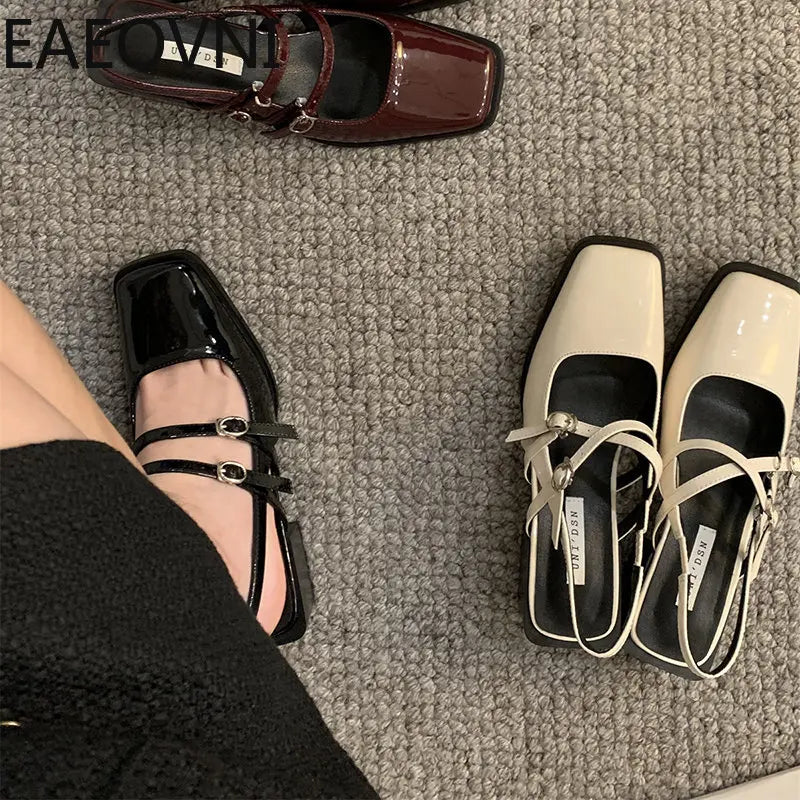 2023 Summer Design Heel Women Sandal Fashion Narrow Band Dress Singbacks Shoes Ladies Outdoor Patent Leather Sandalias