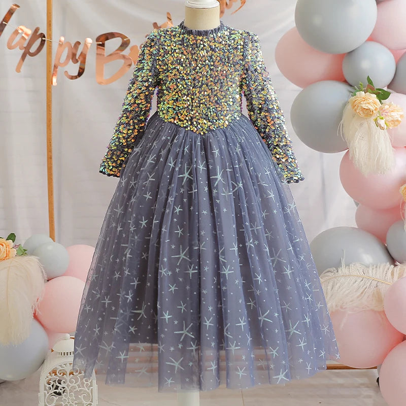 Baby Girls Elegant Unicorn Floral Graphic Print Mesh Gown Dress Clothes For Performance Party Gift Beaded luminescence