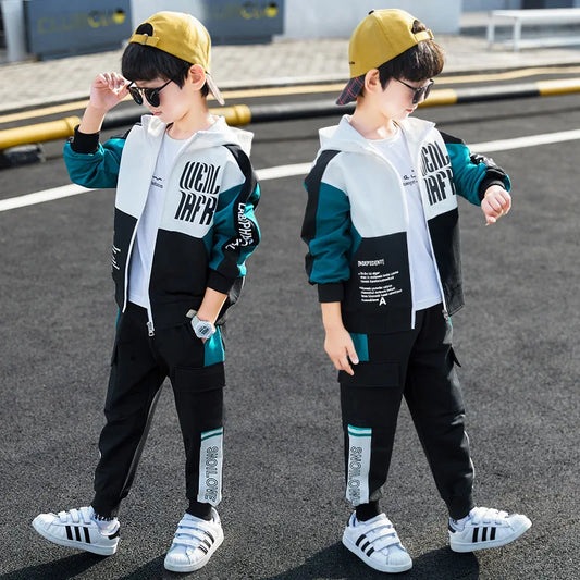 2026 winter spring Tracksuit Clothes Boys Teenager Kids zipper splicing Child set jacket hooded + striped Pant 8 9 10 11 12 year