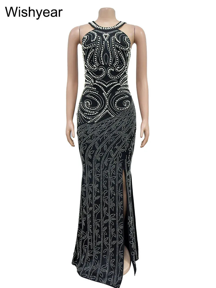 Formal attire Dresses: Rhinestone Mesh Crystal Beaded Slit Backless Bodycon Maxi