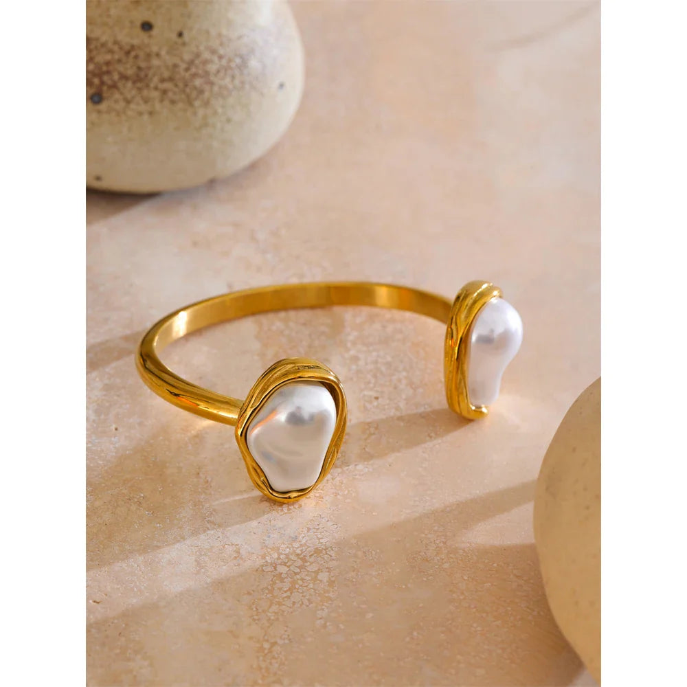 Yhpup 59mm Stainless Steel Baroque Simulated Pearls Cuff Bracelet Bangle Tarnish Resistant Gold Color Wrist Jewelry New