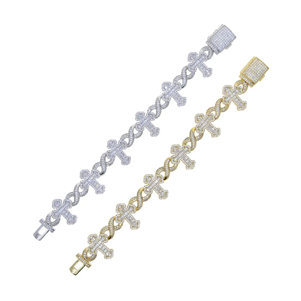 New Iced Out Cross Infinity Charm Bracelet Micro Paved Cubic Zirconia Cuban Chain For Women Men Hip Hop Rapper Jewelry