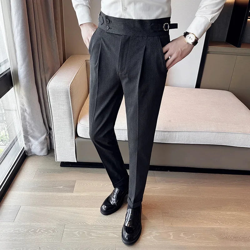 Autumn Winter High Waist Business Dress Pants Men Casual Belt Design Slim Suit Pants