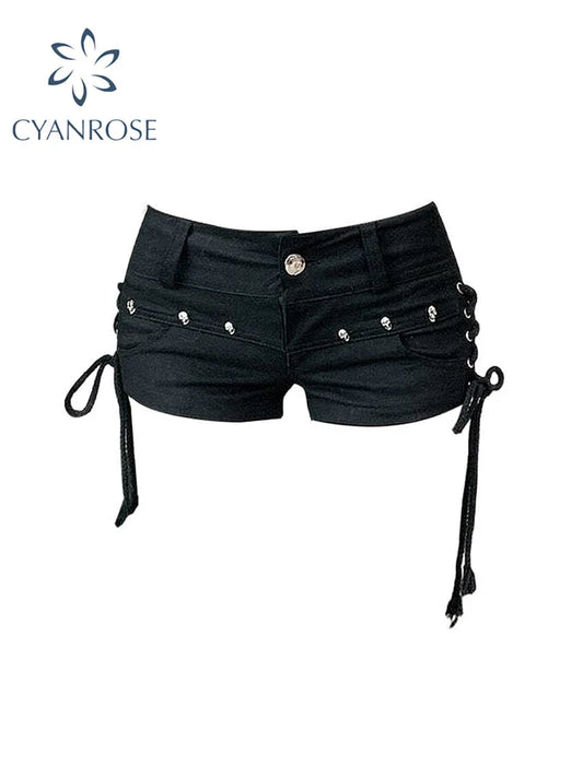 Women's Black Gothic Denim Shorts Vintage Aesthetic Korean Low Waist Jean Shorts Harajuku Y2k Cowboy Short Pants Clothes Summer