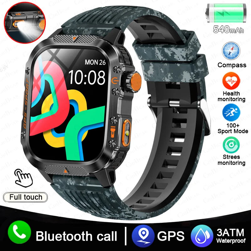 2025 New Military Outdoor Smart Watch Men's GPS Flashlight Bluetooth Call 2.01" AMOLED Screen 3ATM Waterproof Sports Smartwatch
