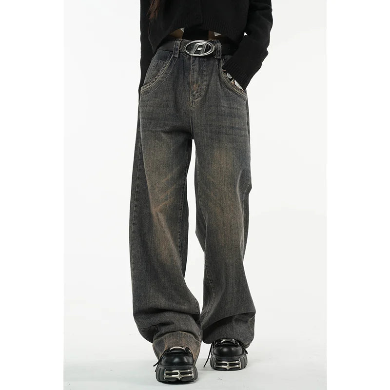 Winter Vintage Dark Blue High Waist Women Jeans American Fashion Streetwear