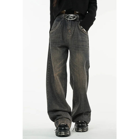 Winter Vintage Dark Blue High Waist Women Jeans American Fashion Streetwear