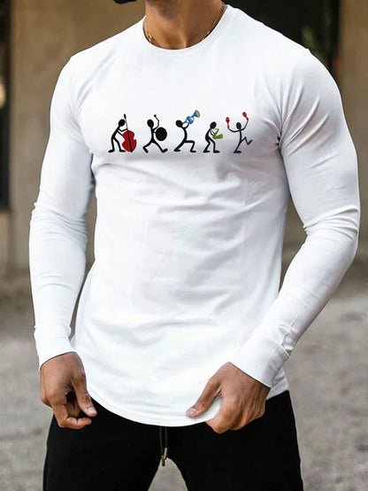 Trendy new long-sleeved t-shirt men's simple printed round neck T-shirt trend versatile casual tops men's T-shirt