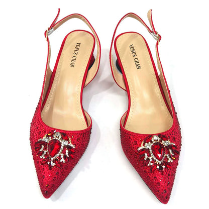 Venus Chan New Fashionable Red Color Pointed Top Ladies Shoes Matching Bag Set For Nigerian Women Wedding Party Pump