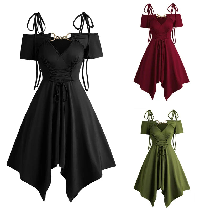 Dressfo Women's Dress Cold Shoulder Lace Up Asymmetric Dress Tie Knot Shoulder Chain Solid Color Short Sleeve Dress