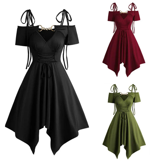 Dressfo Women's Dress Cold Shoulder Lace Up Asymmetric Dress Tie Knot Shoulder Chain Solid Color Short Sleeve Dress
