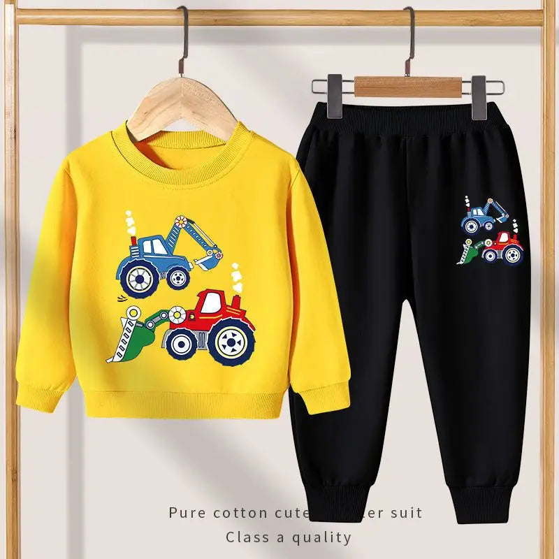 Autumn Boys Kids Clothing Sets Car Print Long Sleeved Loose Pullover Sweatshirts+Pocket Long Pants 2 Piece Children's Sweatsuits