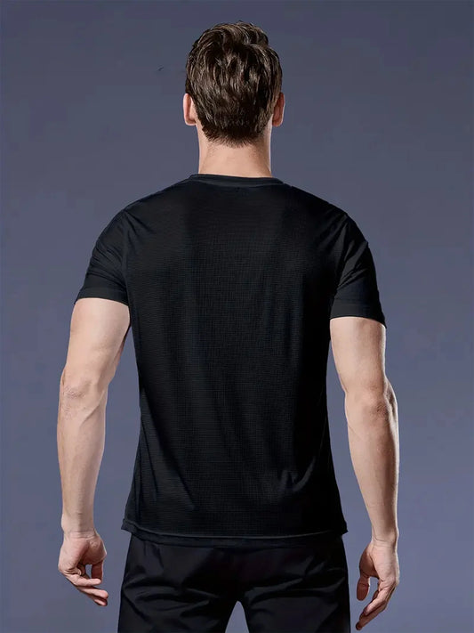 Round Neck T-Shirt 1 Piece Black Ultra-Light Men's Quick Drying Breathable Sweat-Absorbent Shirt Suitable for Fitness Gym and Ru