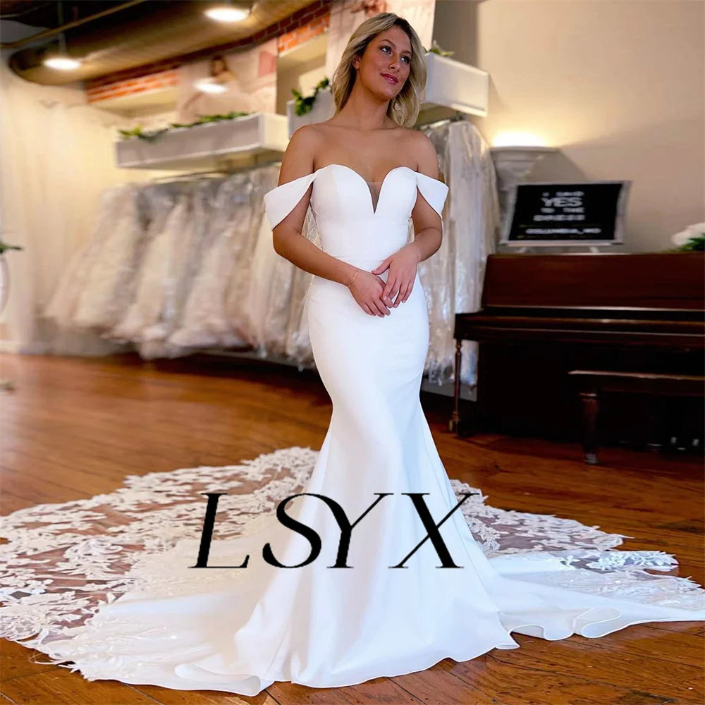 White Bridesmaid Dresses: Off-Shoulder Sweetheart Crepe Mermaid Wedding Dress