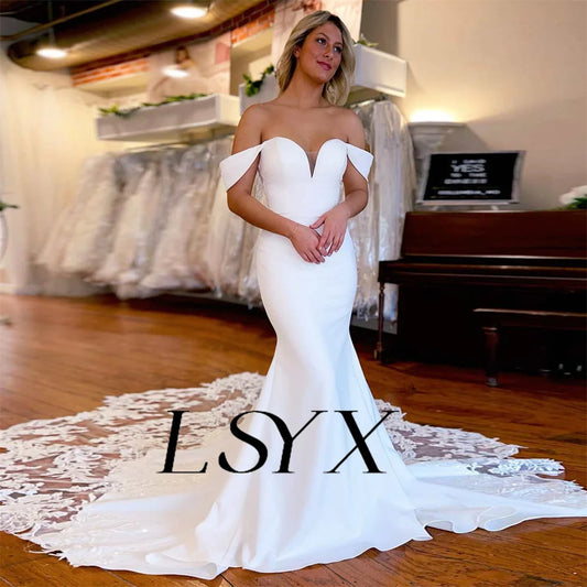 White Bridesmaid Dresses: Off-Shoulder Sweetheart Crepe Mermaid Wedding Dress