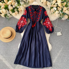 Bohemian Dress for Women O-neck Floral Embroidery Lantern Sleeve