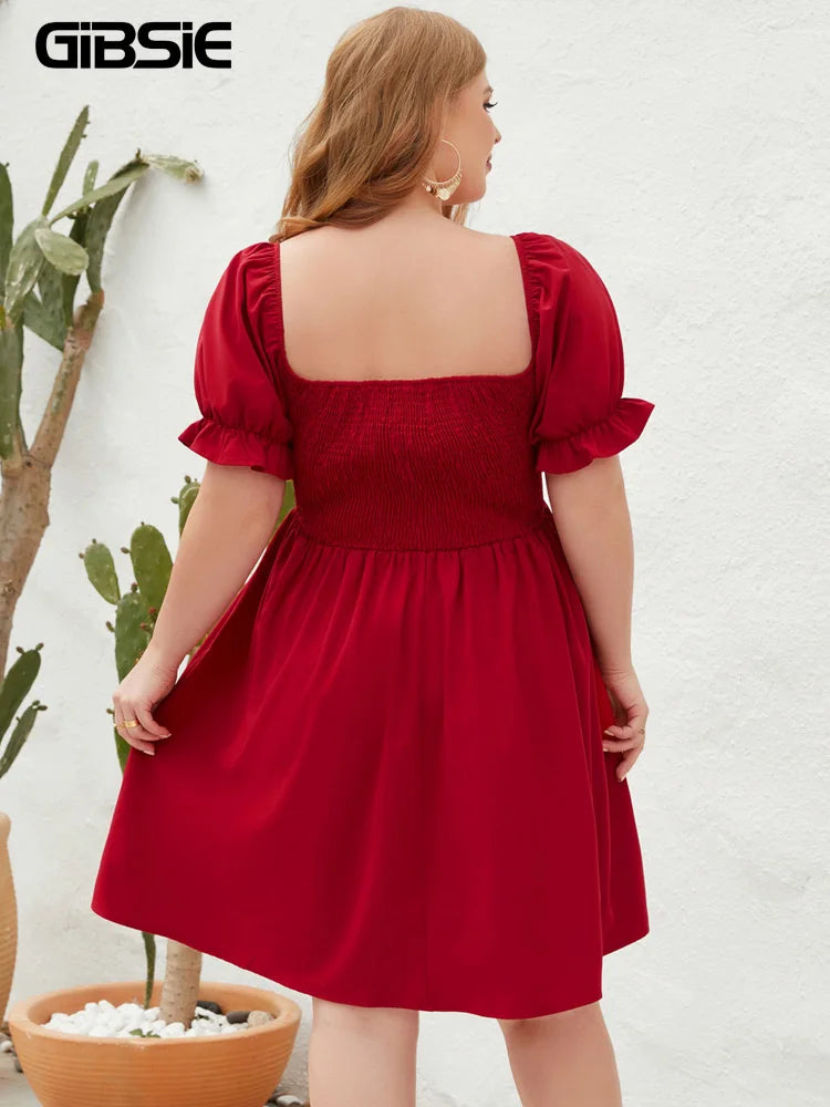 GIBSIE Plus Size Square Neck Shirred Puff Sleeve Dress Women 2023 Summer High Waist Sweet Casual Holiday A-line Short Dresses
