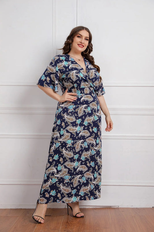 Plus Size Floral Print Short Sleeve Bohemian Summer Viscose Dresses For Women