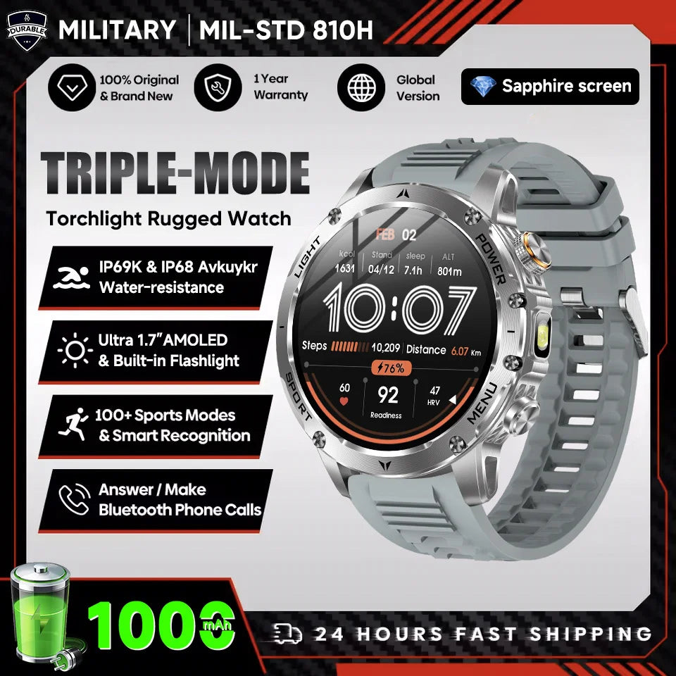 New T-REX3 Outdoor 1000mAh Battery Smart Watch 1.7" Large Screen Flashlight 10ATM Waterproof Call Sports Fitness Men Smartwatch