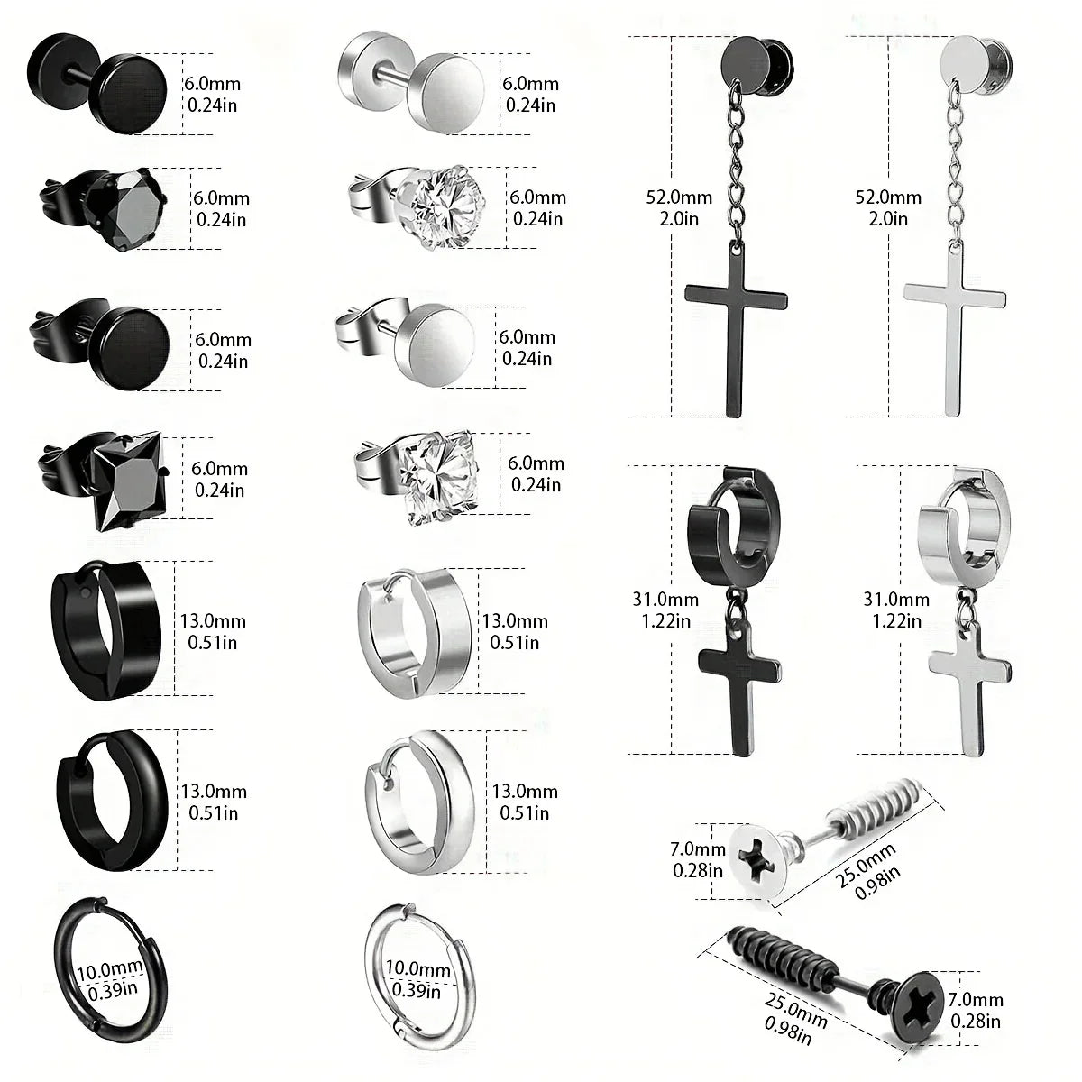 Simple Stainless Steel Zircon Stud Earrings For Men, Cross Pendant Hoop Earrings For Daily Wear