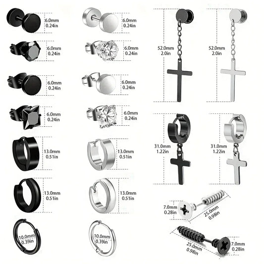 Simple Stainless Steel Zircon Stud Earrings For Men, Cross Pendant Hoop Earrings For Daily Wear