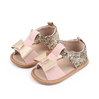 Baby Summer Sandal for Toddler Girls 0-1 Years Glitter Bowknot Anti-slip Soft PU Casual Walikng Shoes Outdoor Summer Shoes