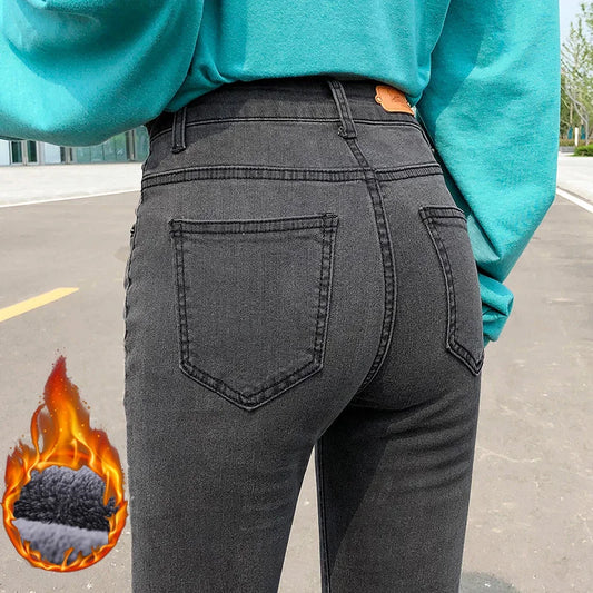 Winter Women Warm Velvet Jeans 2023 Casual Ladies Elastic Trousers