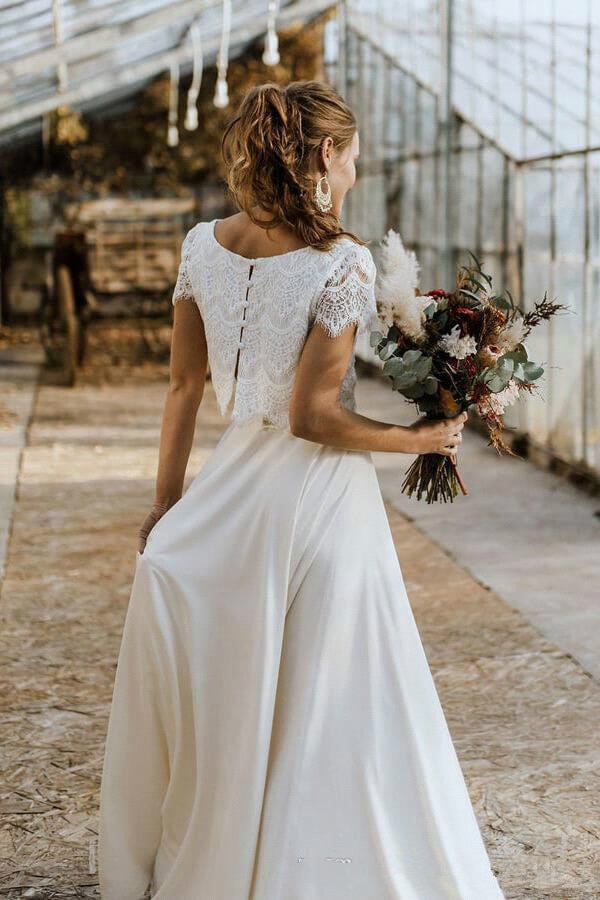 Wedding Dresses Two Pieces Lace Top with Short Sleeve Bridal Gown