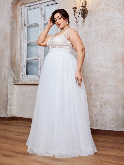 Mgiacy plus size Suspenders crew neck large trumpet sleeves Embroidered lace patchwork mesh wedding dress full skirt
