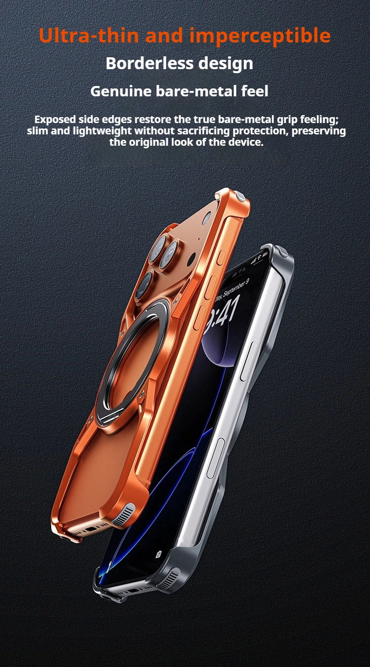 Metal Alloy Punk Frame Phone Case For iPhone 17 16 15 14 13 Pro Max 360 Rotating Bracket Magsafe Ring Magnet Stand Bumper Cover