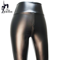 Double Zipper Open Crotch Pants for Women Large Size Black Matte Leather