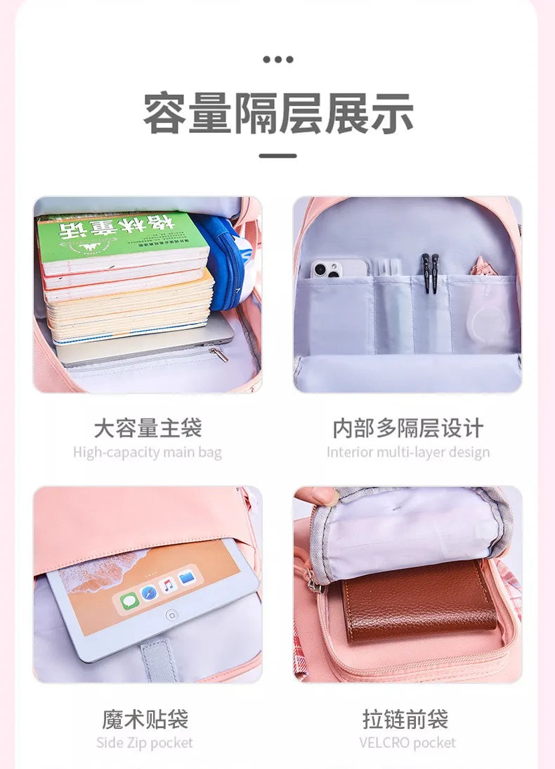 Protecting The Spine Ergonomics Elementary School Students Girls Checkered Backpack Large Capacity Lightweight Waterproof