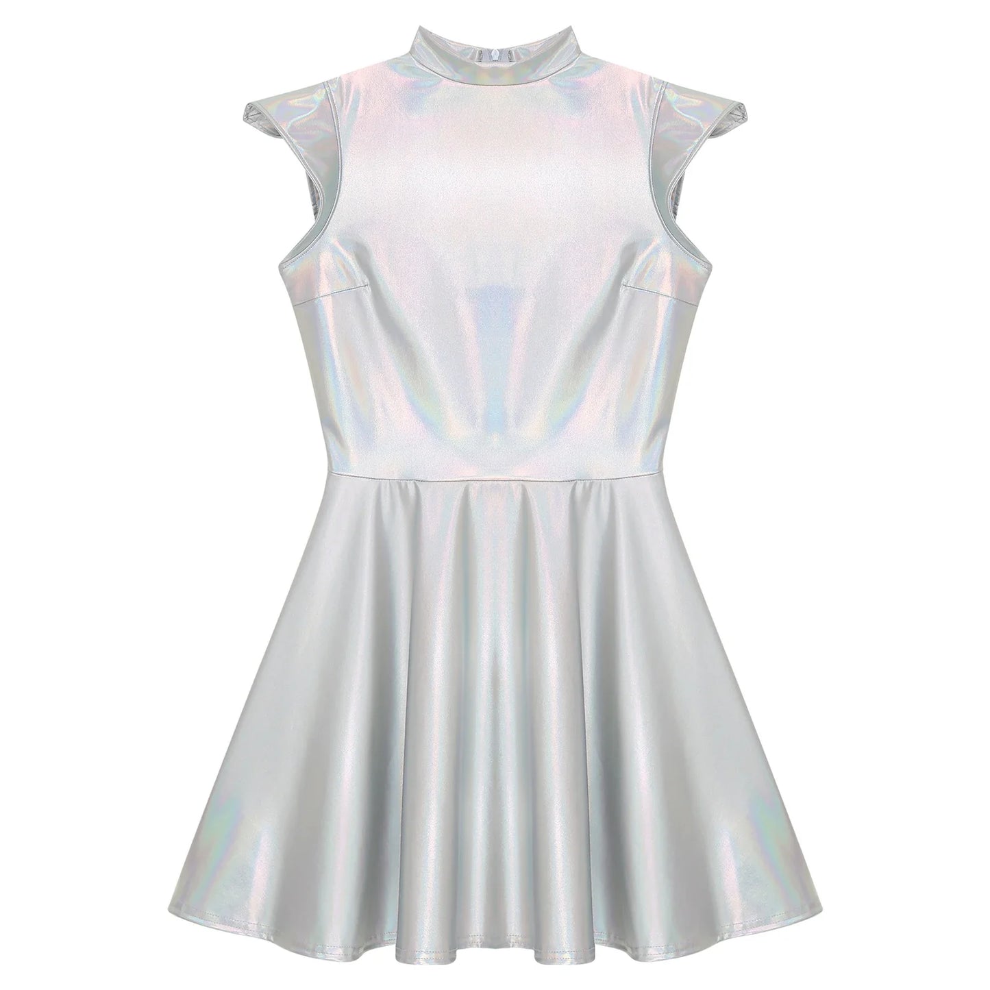 Womens Cocktail Dress Shiny Metallic Dress Alien Space Cap Sleeve High Waist A-line Dress for Halloween Party High Street Dress