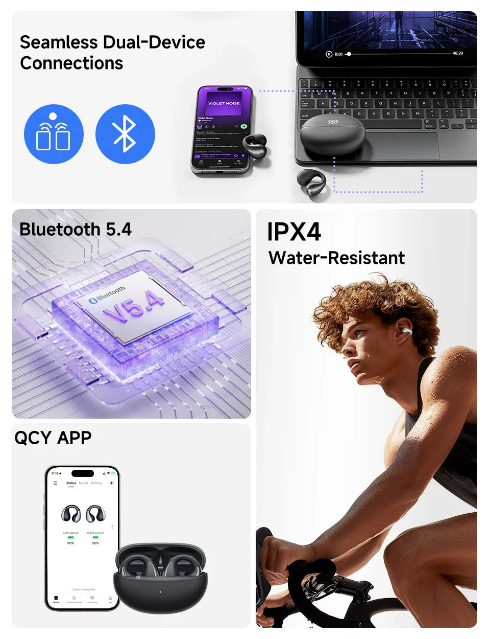 QCY Crossky C30 Open Ear Wireless Earphones Bluetooth 5.4 Spatial Audio Stable Fit OWS Earbuds 4 Mic ENC Multi-Point Connection