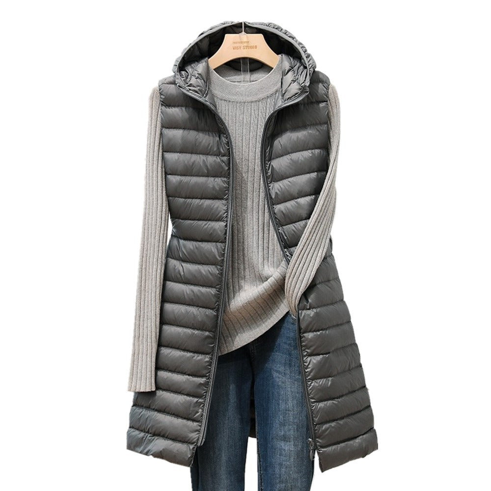 female autumn and winter medium long hooded light down padded jacket waistcoat