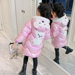 Girls Long Down Jacket Cute Bear Coats For Girls Parkas Fashion Bright Hooded Children