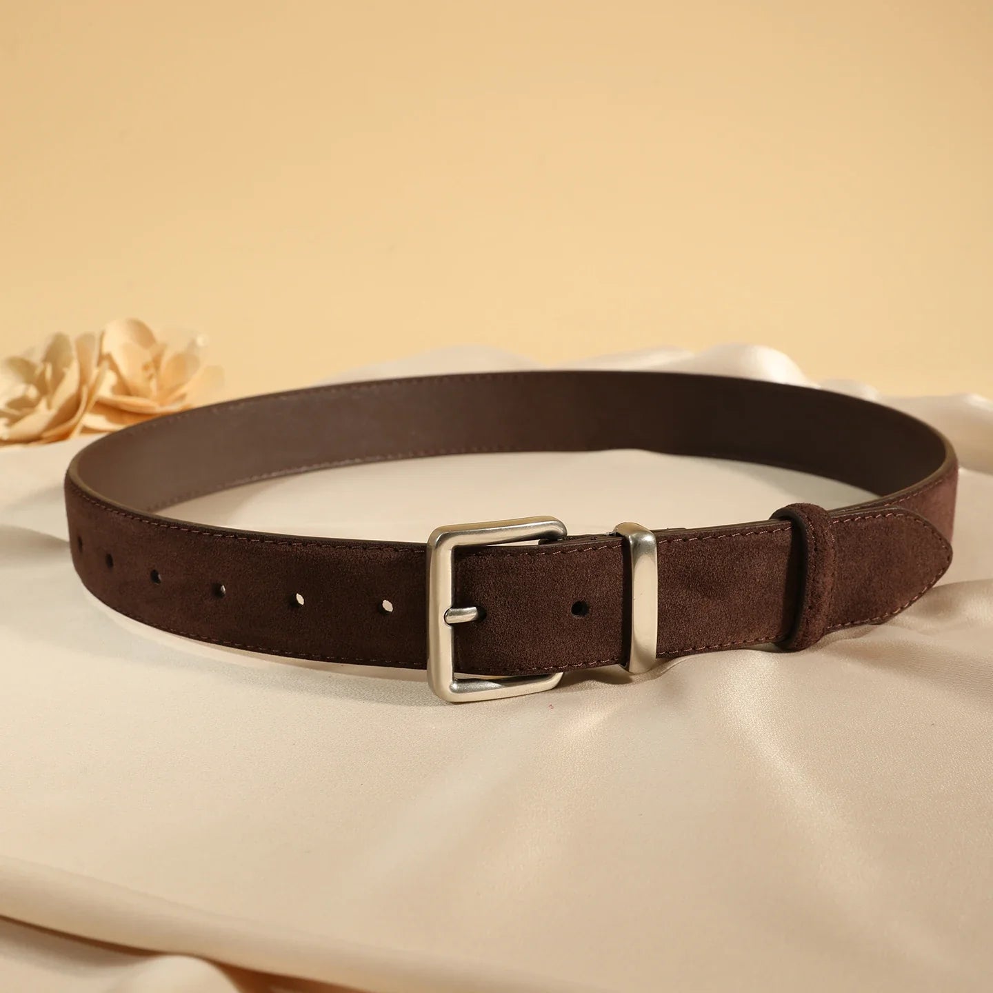 Luxury Suede Cowhide Leather Belt for Women, Vintage Style with Gold Buckle, 3.3cm Wide Waistband for Dresses & Jeans