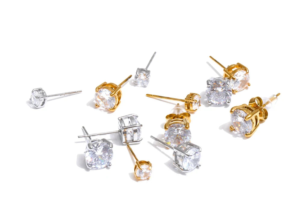 Yhpup 1Set High Quality Shiny Cubic Zirconia Round Stud Earrings Daily Stainless Steel Versatile Premium Jewelry Party Gift
