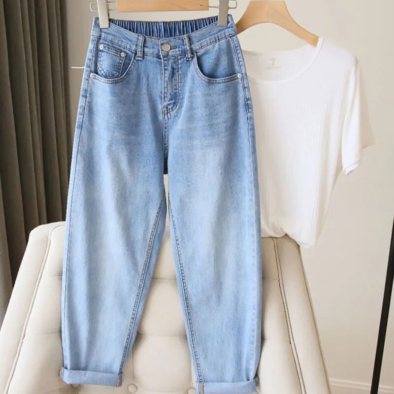 Oversize 5XL Ankle-Length Harem Jeans Baggy High Waist Womens Straight Denim