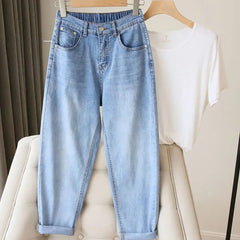 Oversize 5XL Ankle-Length Harem Jeans Baggy High Waist Womens Straight Denim