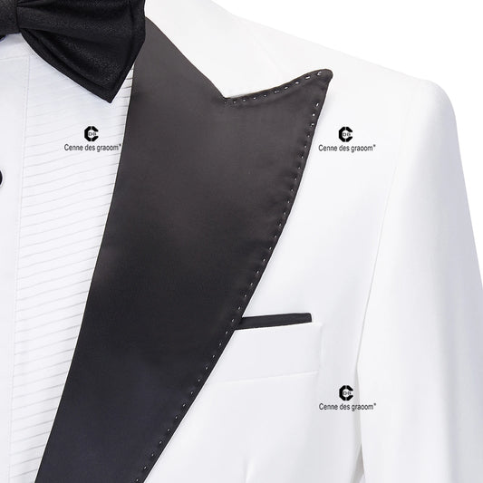 Cenne Des Graoom Tuxedo Suits for Men Peak Lapel Slim Fit Black and White Solid