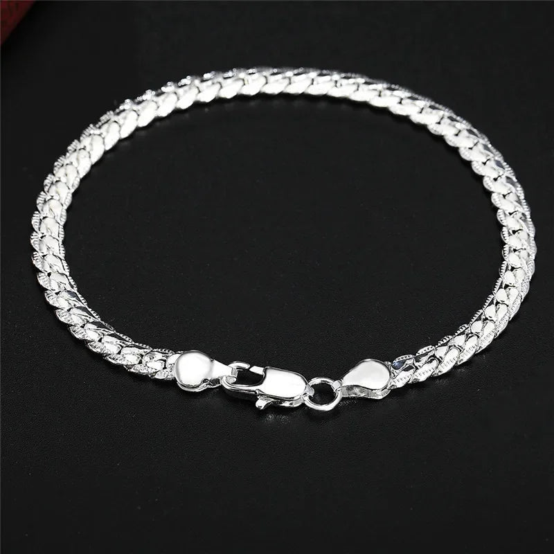 925 Sterling Silver Bracelet 6mm 18/20cm Flat Side Chain Lobster Clasp Bracelet For Woman Man Party Wedding Jewelry Holiday Gift