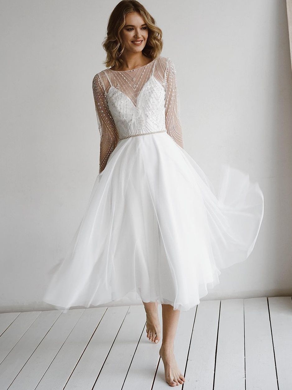 White Bridesmaid Dresses: Wedding Dress Long Sleeves Beading Sashes Backless