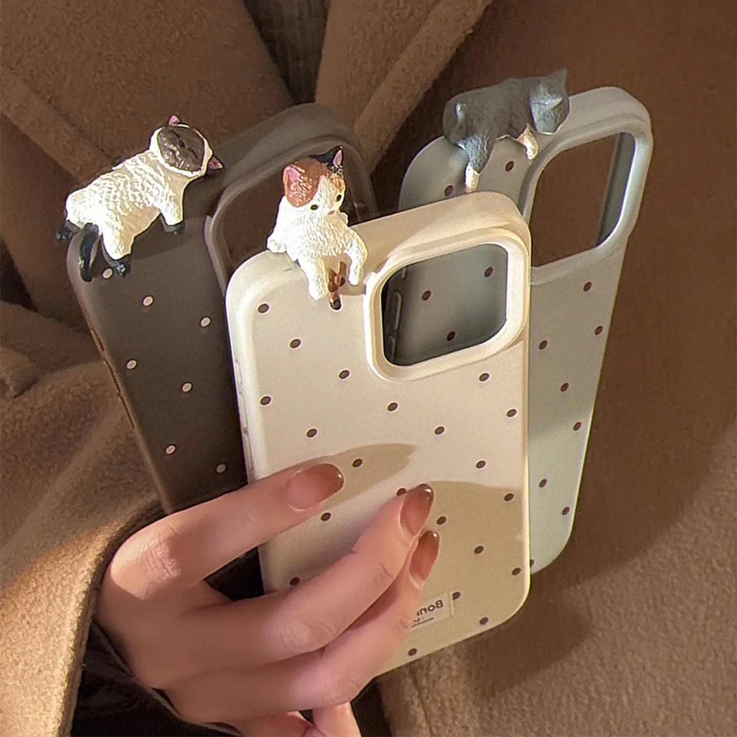 Cute 3D Cat Decorative Polka Dot Phone Case for IPhone17 16 15 14 12 13 11 Pro ProMax Plus X XR Shockproof Phone Cover