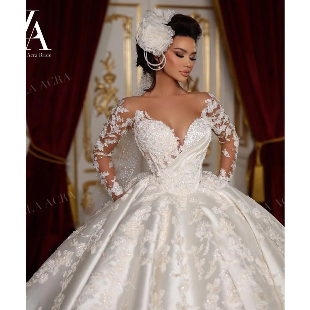 White Bridesmaid Dresses: Ball Gown Wedding Dress Long Sleeve Satin Court Train