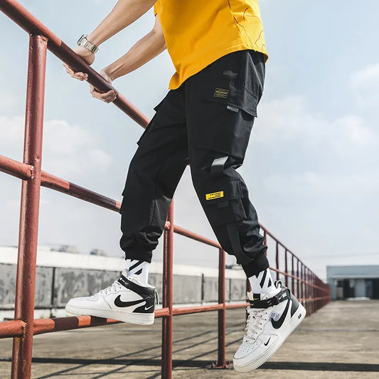 Hip Hop Joggers Cargo Pants Men Harem Pants Multi-Pocket Ribbons Man