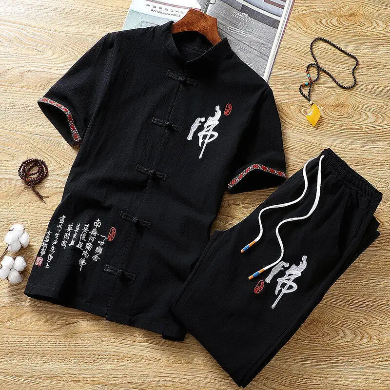 Summer Chinese style Shirts + Pants Dragon Embroried 100% Cotton linen Sportswear Men's Casual Sets Male Fashion Chinese style