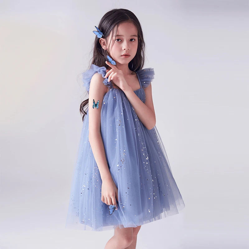 Girls Blue Sequin Princess Dress 3-8 Years Cute Birthday Party Ruffles Mesh