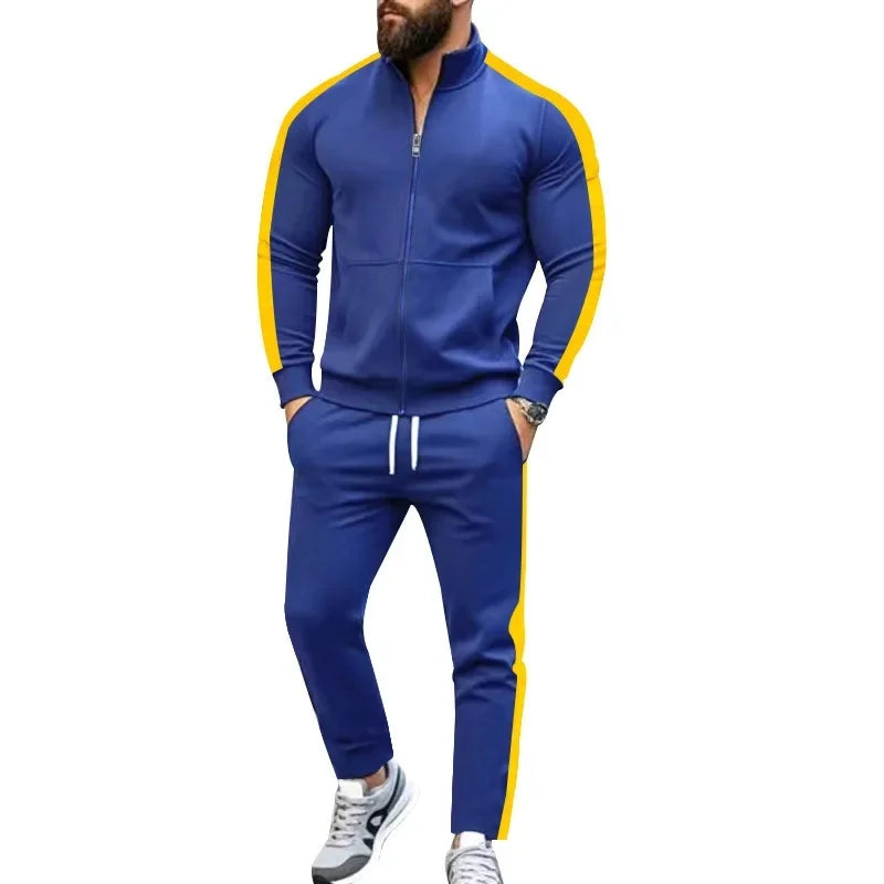 2025 Spring Autumn Men's 2-Piece Set Color Blocking Zipper Stand Collar Casual Sports Jacket Sweatshirt Trousers Suit