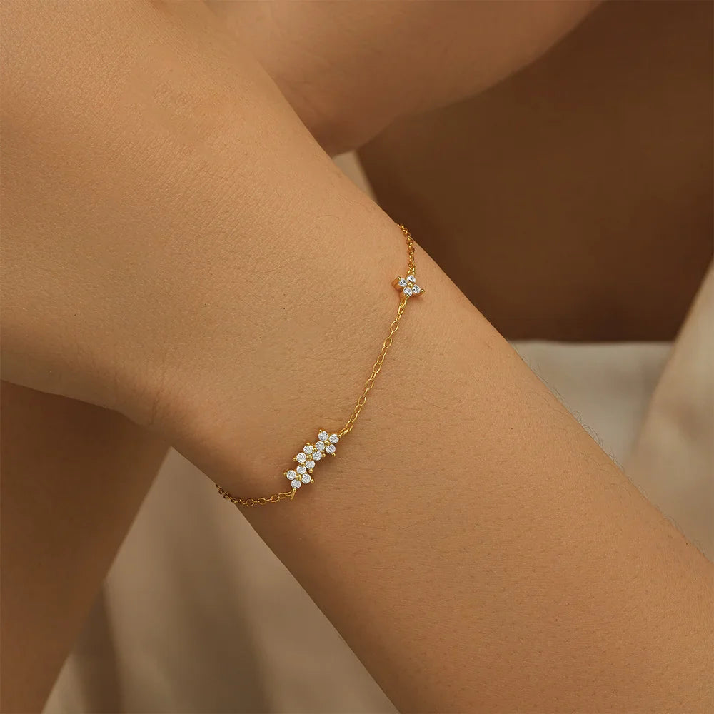 CANNER Real S925 Sterling Silver Mini Zircon Flower Pendant Bracelet Chain for Women's Fine Jewelry Gifts Gold Bracelets Bangles